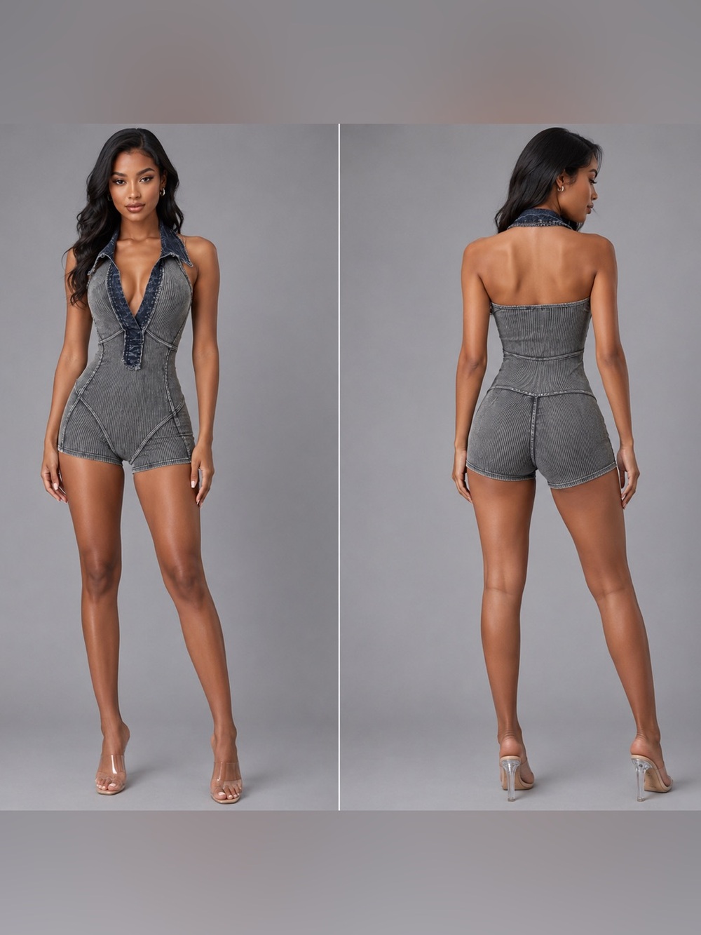 Washed Gray Ribbed Halter Romper